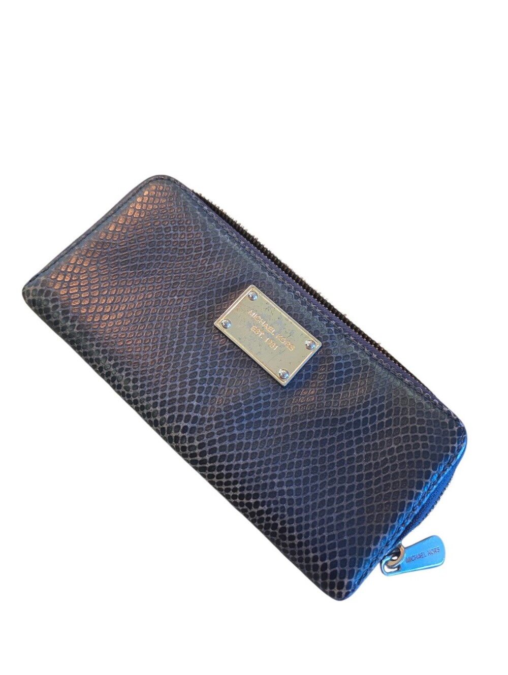 Michael Kors Blue Snake-Embossed Zip Around Wallet with Gold Plaque